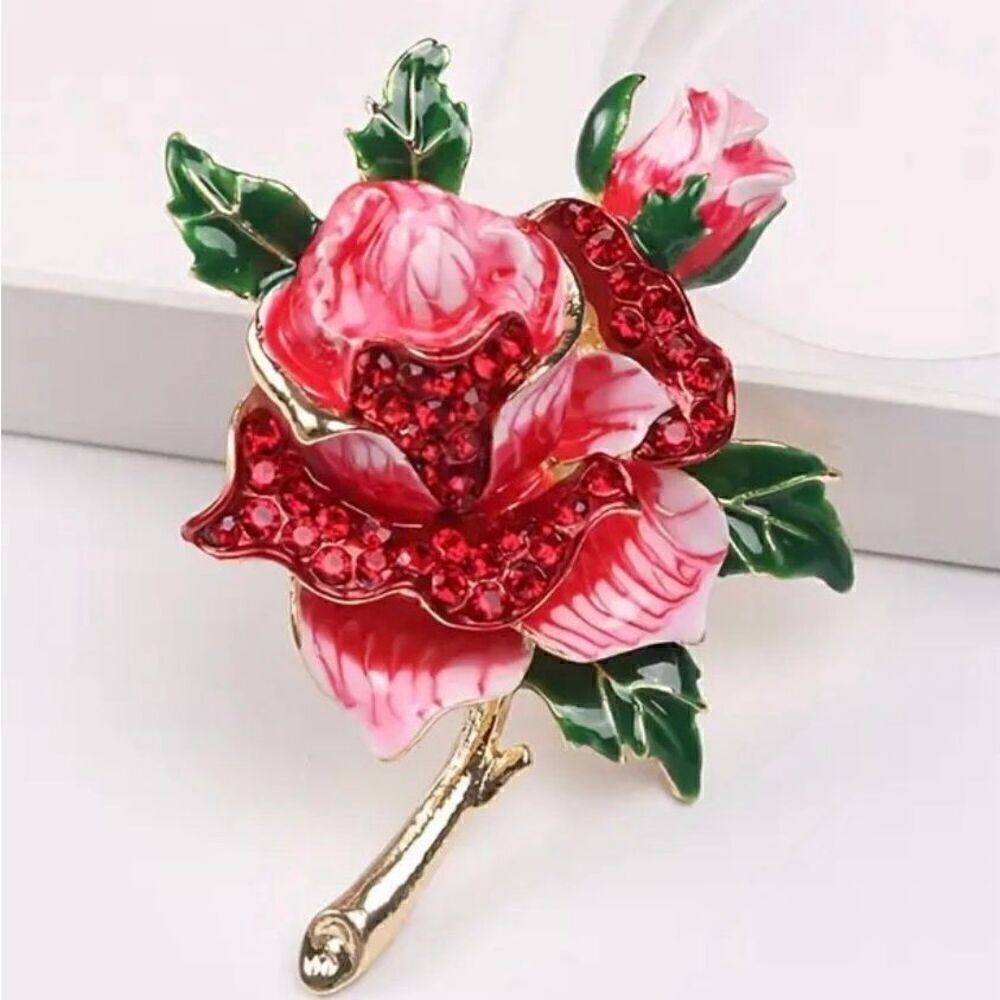 Crystal Rhinestone Rose Brooch Womens Large Enamel Fashion Floral Pin New